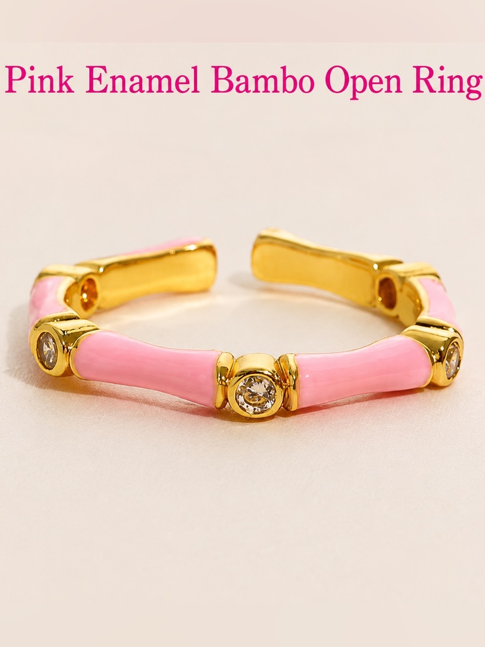 Pink Enamel Bamboo Open Ring Gold Tone CZ Accent